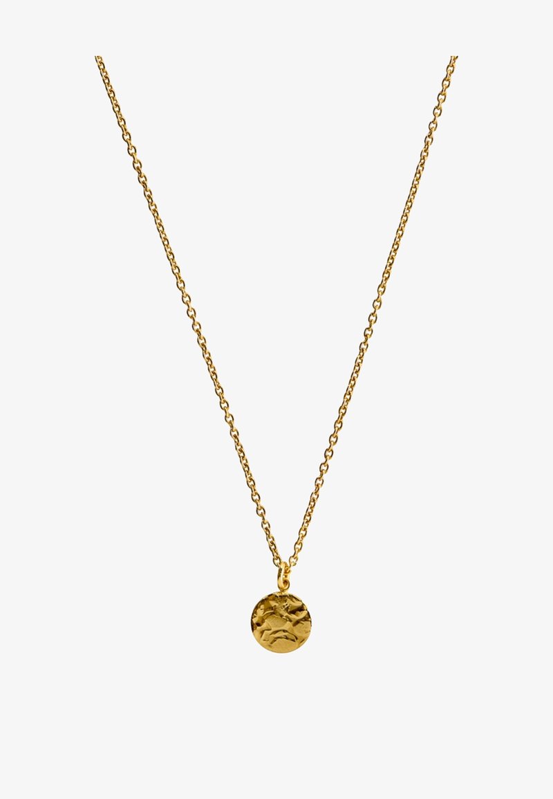 Goldene Halskette mit einem strukturierten runden Anhänger, der eine filigrane Kette und ein kunstvolles Design auf der Oberfläche des Anhängers aufweist.