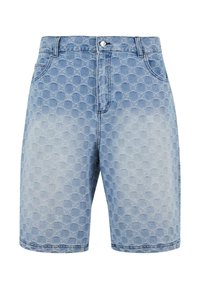 Lysblå denimshorts med et struktureret mønster af overlapende cirkler. Har fem lommer og en klassisk lukning med knap og lynlås.