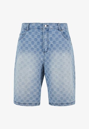 Světle modré denimové šortky s texturovaným vzorem překrývajících se kruhů. Obsahují pět kapes a klasické zapínání na knoflík a zip.