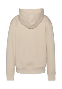 Sudadera con capucha en color beige, de corte relajado, con puños y dobladillo acanalados y una textura suave. Diseño limpio y minimalista sin logotipos visibles.
