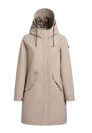 Pelerină de ploaie bej deschis cu glugă, cu o căptușeală cu un model, două buzunare laterale mari și sireturi ajustabile la glugă.