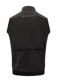 Schwarze ärmellose Radweste mit hohem Kragen, reflektierendem Streifen und einem mit Reißverschluss versehenen Rückentasche. Aus strukturiertem, leichtem Material.