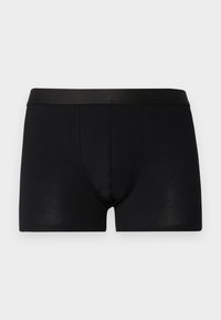 Black boxer shorts made of smooth fabric with a soft, elastic waistband and a fitted shape, featuring a front pouch for support.