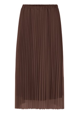 Brown pleated skirt made of lightweight fabric, featuring an elastic waistband and a flowy, ankle-length design.