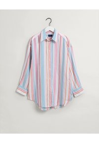 Stribet skjorte med pastelfarver inklusive pink, blå og orange. Har krave, lange ærmer og rundet kant.
