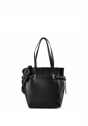 Borsa a mano in pelle nera con texture, dotata di due spallacci, fibbie laterali regolabili e tracolla a tracolla staccabile.