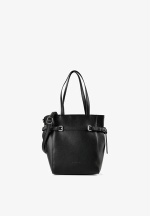 Sac cabas en cuir noir texturé avec deux bretelles d'épaule, boucles latérales réglables et une bandoulière amovible.