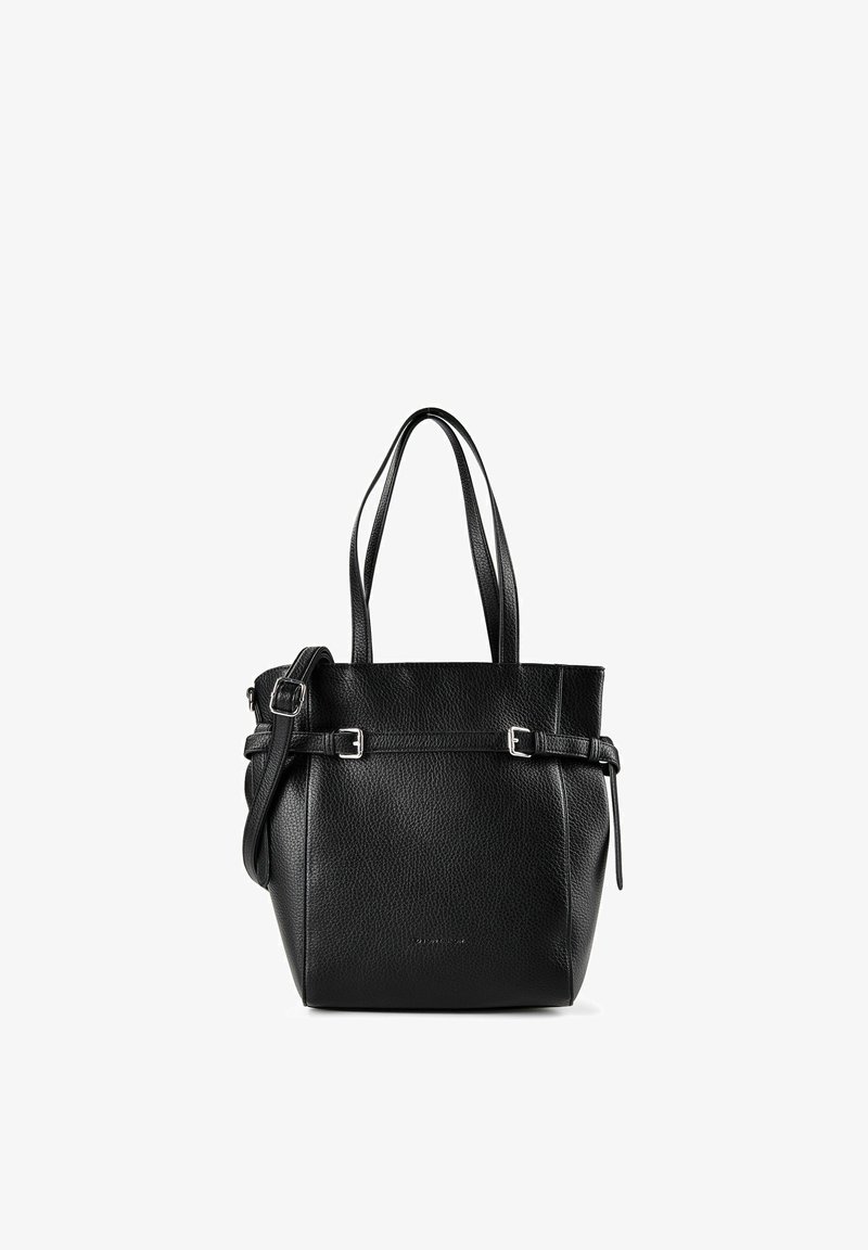 Sac cabas en cuir noir texturé avec deux bretelles d'épaule, boucles latérales réglables et une bandoulière amovible.