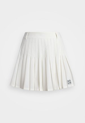 White pleated skirt made of smooth fabric with a fitted waistband and embroidered logo detail at the hem.