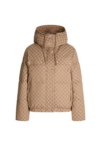 Beżowa pikowana kurtka z kapturem, z zapięciem na napy oraz dwoma bocznymi zamkami. Materiał ma subtelny geometryczny wzór i ściągnięty dół.