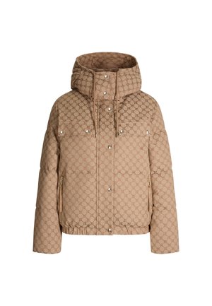 Beżowa pikowana kurtka z kapturem, z zapięciem na napy oraz dwoma bocznymi zamkami. Materiał ma subtelny geometryczny wzór i ściągnięty dół.