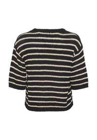 Gestreifter Strickpullover mit kurzen Ärmeln in Schwarz und Creme, Rundhalsausschnitt und cropped Design. Strukturiertes Material mit sichtbaren Nähten.