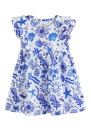 Robe pour tout-petit en coton blanc avec des imprimés bleus sur le thème de l'océan, manches courtes à volants et boutons en bois sur le devant, au centre.