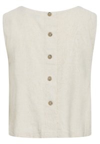 Haut beige sans manches en lin avec cinq boutons sur le devant et un col rond.