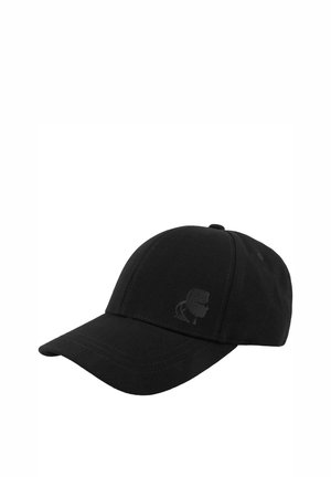 Casquette de baseball noire avec une visière incurvée présentant une silhouette discrète embossée d'une tête d'homme sur le panneau avant.