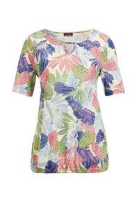 Korte mouw top van lichtgewicht stof met een kleurrijke tropische bladerenprint in groen, roze en blauw op een crème achtergrond.