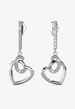 Orecchini a forma di cuore in argento con un design collegato, abbelliti da cristalli trasparenti su un gancio dritto. Chiusura regolabile.