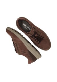 Brown leather shoes with a textured finish and dark laces. Features a side zipper and rubber sole with patterned tread. Brand name visible inside.