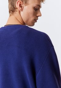 Giovane uomo con capelli biondi che indossa un maglione di lana blu, mostrato di spalle e che guarda oltre la spalla su uno sfondo neutro.