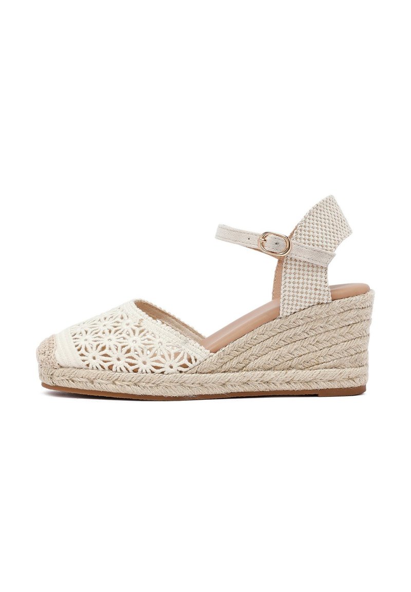 Sandalia de cuña con tacón de yute trenzado, diseño de encaje floral crema y correa ajustable en el tobillo de un material texturizado.