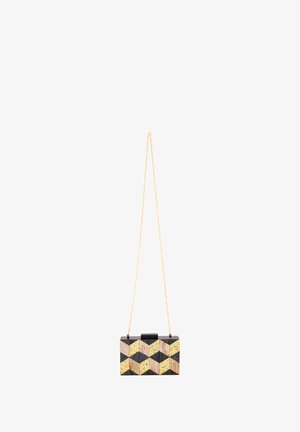 Mustat ja beige geometriset kuviot, kultaiset yksityiskohdat; sisältää ketjuolkaimen ja kiiltävän pinnan. Suorakulmainen muoto, joissa on lukko-ominaisuus.