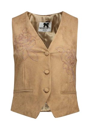 Gilet en daim beige avec col en V, trois boutons recouverts de tissu, deux poches fendues devant, et broderie florale rose avec perles sur le devant.