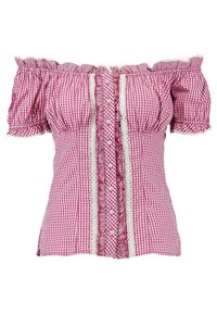 Blusa off-shoulder a quadri rosa e bianca, con maniche a puff corte, chiusura frontale a bottoni, bordi in pizzo e scollatura e patta arricciate.