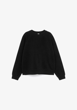 Black sweatshirt made of soft material, featuring a crew neck, long raglan sleeves, and ribbed cuffs with a slightly cropped hem.