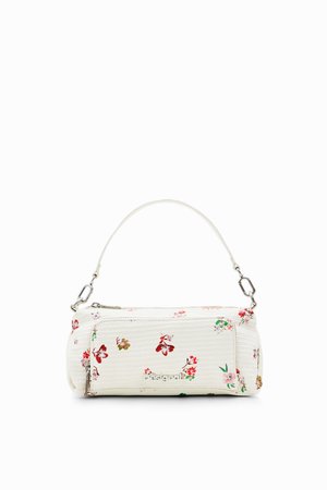 Borsa bianca con motivo floreale realizzata in materiale testurizzato, dotata di una zip superiore e di una corta tracolla con finiture in tonalità argento.