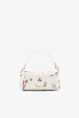 Borsa bianca con motivo floreale realizzata in materiale testurizzato, dotata di una zip superiore e di una corta tracolla con finiture in tonalità argento.