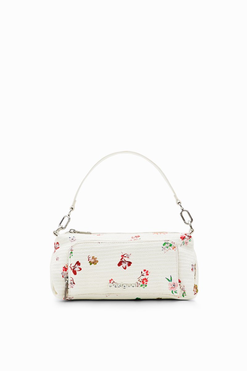 Borsa bianca con motivo floreale realizzata in materiale testurizzato, dotata di una zip superiore e di una corta tracolla con finiture in tonalità argento.