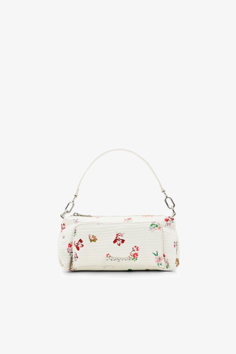 Borsa bianca con motivo floreale realizzata in materiale testurizzato, dotata di una zip superiore e di una corta tracolla con finiture in tonalità argento.