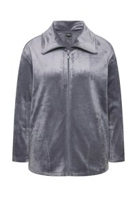 Giacca grigia con zip realizzata in tessuto morbido e liscio. Presenta un colletto ampio, maniche lunghe e tasche laterali. Motivo testurizzato sul tessuto.