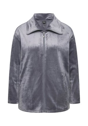 Grijze zip-up jas gemaakt van zachte, gladde stof. Beschikt over een brede kraag, lange mouwen en zijzakken. Geverfde patroon langs de stof.