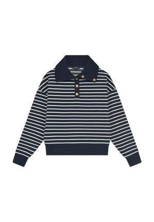 Marineblauw-wit gestreept shirt met lange mouwen, brede kraag en vier gouden knopen op de voorstrip en kraagrand.