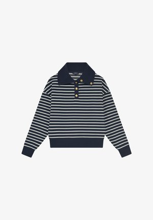 Maglietta a righe navy e bianca a maniche lunghe con colletto ampio e quattro bottoni dorati sulla patta anteriore e sul bordo del colletto.