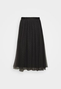 Jupe en tulle noir avec un design plissé, dotée d'une ceinture souple et d'un motif discret d'étoiles sur tout le tissu.