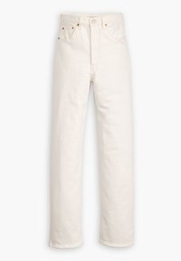 Pantalones vaqueros de mezclilla blanca con corte recto, diseño de cinco bolsillos y detalles en metal. El dobladillo presenta un acabado sin pulir para un detalle adicional.