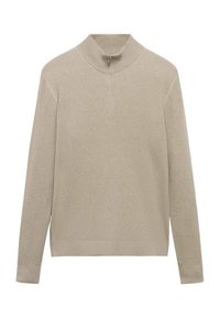 Beige zip-up sweater made of ribbed knit fabric with long sleeves and a stand collar, featuring a smooth texture and a fitted silhouette.
