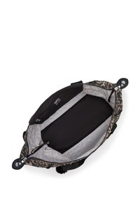 Black and beige leopard-patterned bag with a spacious interior, featuring a light gray lining and a black zipper compartment.