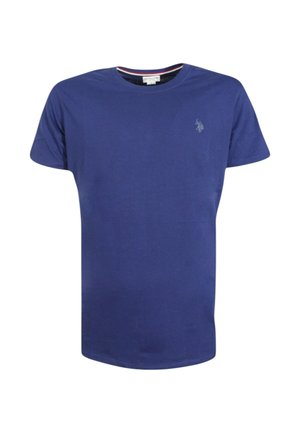 T-shirt in cotone blu navy con maniche corte, collo rotondo e un piccolo logo sul lato sinistro del petto; tessuto liscio e fit regolare.