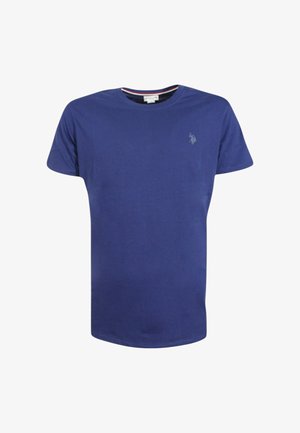 T-shirt in cotone blu navy con maniche corte, collo rotondo e un piccolo logo sul lato sinistro del petto; tessuto liscio e fit regolare.