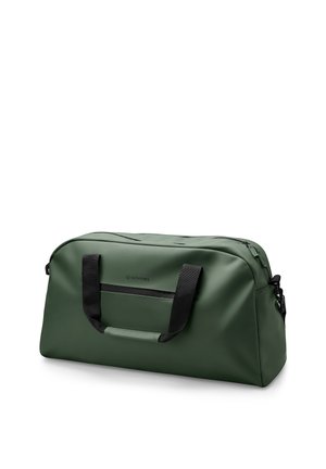 Mørkegrønn rektangulær duffelbag med svarte håndtak og en liten glidelåslomme foran, vist på hvit bakgrunn.