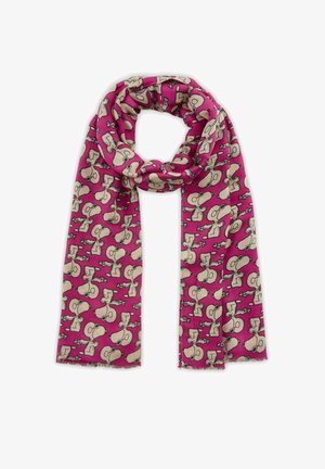 Pink scarf featuring a repeating pattern of cartoon dogs, with a soft texture and fringed edges. Material is lightweight fabric.