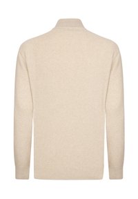 Beige neulepusero, jossa korkea kaulus, resorikahdentaumat ja teksturoitu kuvio. Selkäpuolella saumaton muotoilu ja rento istuvuus.