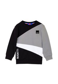 Felpa nera, grigia e bianca con un design a blocchi di colore diagonali, polsini a costine e una piccola etichetta logo sul petto.
