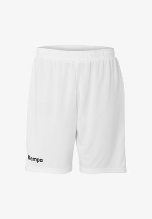 White sports shorts made of lightweight fabric with an elastic waistband and a black "Kempa" logo on the left side.