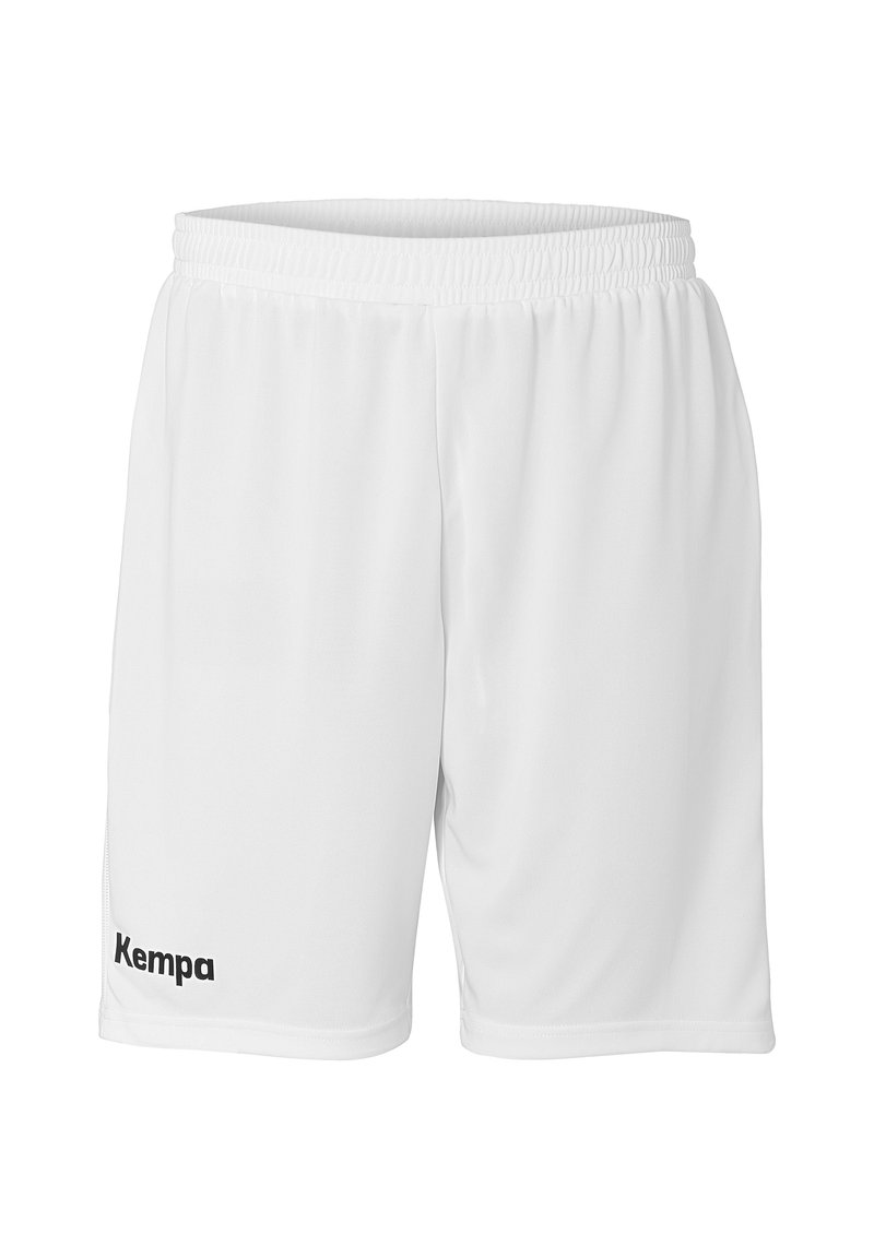 White sports shorts made of lightweight fabric with an elastic waistband and a black "Kempa" logo on the left side.