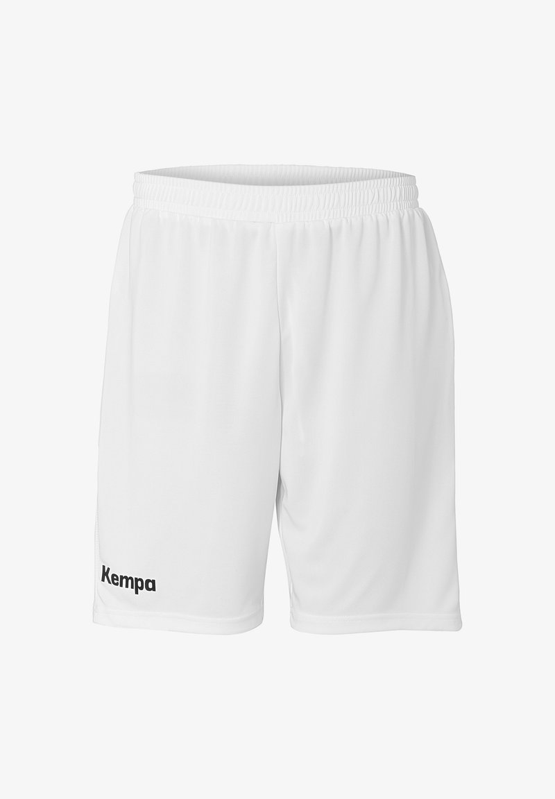 White sports shorts made of lightweight fabric with an elastic waistband and a black "Kempa" logo on the left side.