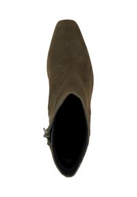 Dark olive green suede ankle boot with a side zipper, viewed from above against a white background.